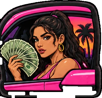 Pin's voiture de sport et liasses de billets, ambiance Miami pour sabots — Pins & Co
