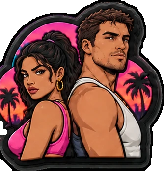Pin's couple face au coucher de soleil, palmiers et dégradé néon pour sabots — Pins & Co