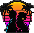 Pin's deux silhouettes entre les palmiers au coucher du soleil pour sabots — Pins & Co