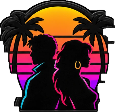 Pin's deux silhouettes entre les palmiers au coucher du soleil pour sabots — Pins & Co
